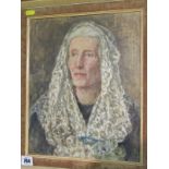 EVELIONE WILDE, signed oil on board "Portrait of Lady with lace scarf", exhibition label on reverse,