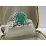 18ct YELLOW & WHITE GOLD EMERALD & DIAMOND RING, rectangular cut emerald approx 11mm x 8.3mm