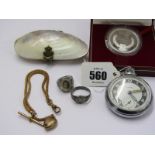 SILVER METAL INGERSOL POCKET WATCH, shell coin purse, etc