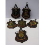 MILITARY, set of 6 painted shield surround military crests, 8" height