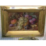 VINCENT CLARE, signed painting on canvas, still life, "Basket of Grapes with Plums and Peach", 7.25"