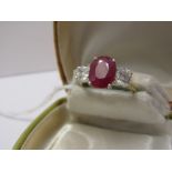 SUPERB 18ct YELLOW GOLD RUBY & DIAMOND 3 STONE RING, central oval natural ruby, approx 10mm x 8mm,
