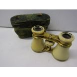 ANTIQUE LEATHER CASED GLASS DRINKING FLASK; together with cased ivory opera glasses