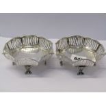 SILVER BON BON DISHES, pair of silver bon bon dishes on 4 stemmed feet, with pierced borders of