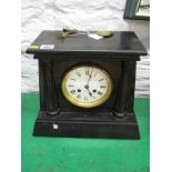 MARBLE MANTEL CLOCK, Victorian black marble, temple cased mantel clock with full strike pendulum and