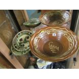 SLIPWARE, slip decorated eathernware bowl, together with 2 slipware tulip plates