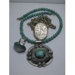 SILVER BELCHER CHAIN & LOCKET; Turquoise set silver pendant on turquoise bead necklace and silver