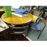 RETRO, Danish teak circular extending dining table with set of 4 triangular tripod base chairs by
