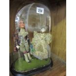 COSTUME DOLLS, 2 early 20th Century costume dolls under glass dome, one of 18th Century Dandy and