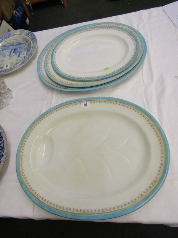 VICTORIAN TABLEWARE, Brown, Westhead & Moore turquoise edge oval turkey dish and 3 matching