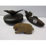 FOLK ART, 3 carved wooden boxes, 1 in form of a rabbit, another fish and one with bird handle