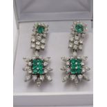 PAIR OF EXCEPTIONAL 18ct WHITE GOLD & EMERALD CLUSTER DROP EARRINGS, in excess of 2cts of emerald