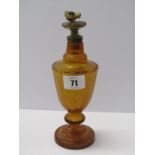 SCENT BOTTLE, amber crackle glass scent bottle on knopped stem with gilt stopper in the form of a
