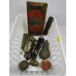 HUNTING, small embossed copper powder flask, various measures, "Curtis's & Harveys" gunpower box &