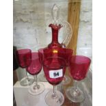 CRANBERRY GLASS DECANTER, with 6 matching wines with clear glass stems