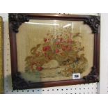 ANTIQUE NEEDLEWORK PANEL, rosewood framed panel "Wild Strawberries and Fieldmouse", 8.5" x 11"
