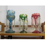 VICTORIAN DROP LUSTRES, collection of 3 coloured glass drop lustre vases (some defects)