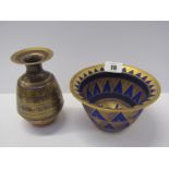 MARY RICH, gilded blue ground splayed rim 5" bowl and similar bottle vase (neck restored)
