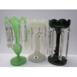 VICTORIAN GLASSWARE, 3 Victorian coloured glass drop lustre vases
