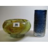 ART GLASS, Monart-style gilt flecked 7" bowl, also signed Swedish glass blue cylindrical vase