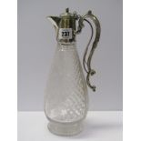 CLARET JUG, a quality cut glass and vine etched baluster shaped claret jug with silver plated and