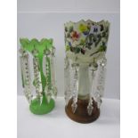 VICTORIAN DROP LUSTRES, gilded green glass drop lustre and 1 other (both with defects)