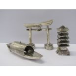 ORIENTAL SILVER, oriental silver junk, 4", an oriental silver gateway and a 5 story pagoda, 2.5"