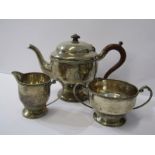 SILVER 3 PIECE TEA SERVICE, circular pedestal base tea service with carved fruit wood handle,