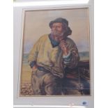 CORNISH SCHOOL, unsigned watercolour "Portrait of Fisherman smoking pipe", 19" x 13.5"