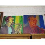 ANTHEA RICHARDS, 2 signed paintings on board, "Jazz at the Western II" and "Janis", 24" x 24"