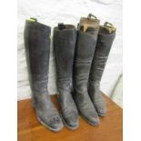ANTIQUE FOOTWARE, 2 pairs of black leather gents boots, 1 pair with wooden trees