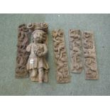 ANTIQUE WOOD CARVING, Bacchanal figure support 15" height together with four carved frieze panels