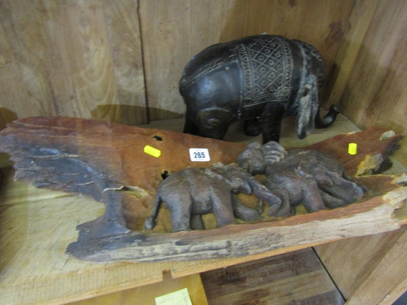 AFRICAN CARVING, carved panel "Family of three Elephants", 24" length and Eastern metal elephant