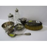 TWO SILVER MOUNTED CRUET BOTTLES, silver sugar bowl, silver mustard, gents brush etc,