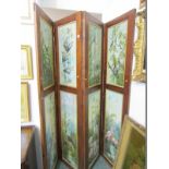 EDWARDIAN FOUR FOLD SCREEN, each panel painted with bird studies, 76" height, 74" width