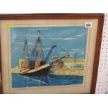 MICHAEL KITT, signed limited edition coloured wood block print "Unloading the Boat at Dockside",