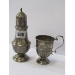 GEORGIAN DESIGN SILVER SUGAR DREDGER; also an Edwardian HM silver pedestal Christening cup,