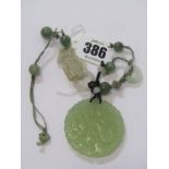 CHINESE JADE PENDANT, with mixed jade beads on silk runner