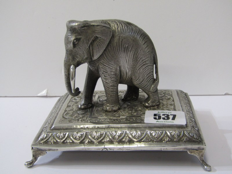 INDIAN SILVER, fine engraved and embossed elephant figure paperweight, 5" width