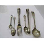 SILVER CUTLERY, Georgian bright cut sugar tongs, condiment spoon & small collection of cutlery,