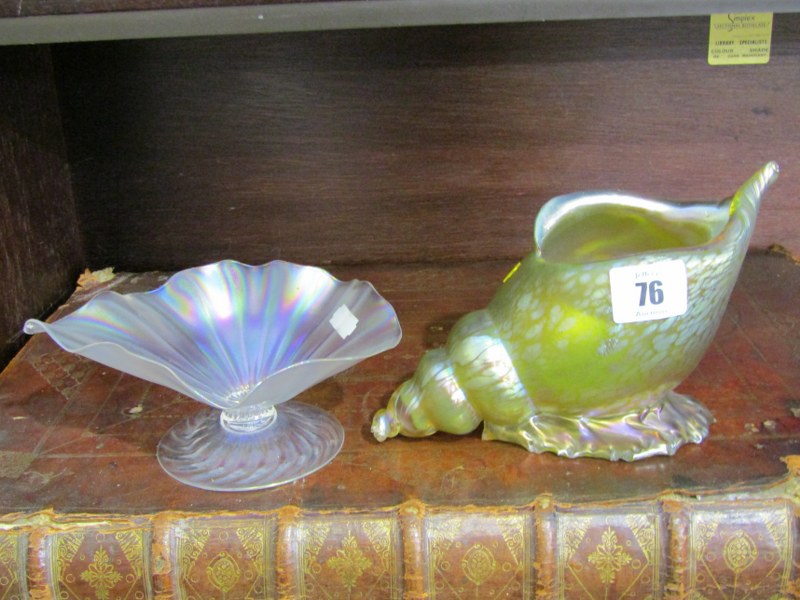 LUSTRE GLASS, conch shell lustre glass flower holder and similar sweetmeat dish