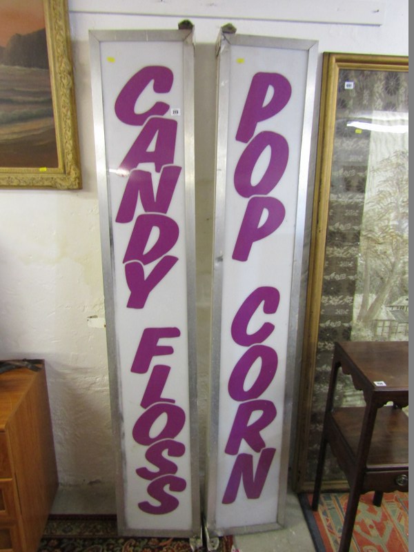 FAIRGROUND DISPLAYS, 2 illuminated signs "Candyfloss" and "Popcorn", 73" height