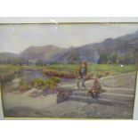 FLORENCE M. GILL, signed watercolour "Children on Riverside Steps", 13.5" x 18"