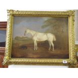 J. TRUMAN, signed oil on canvas dated 1868, "White Stallion and Dog within Landscape", 14" x 19"