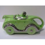 NOVELTY TEA POT, green glazed silver lustre Racing Car tea pot