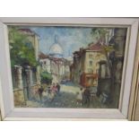 ANDRE MICHEL, signed oil on board "Parisian Street Scene with Artist at his Easel", 7" x 9"