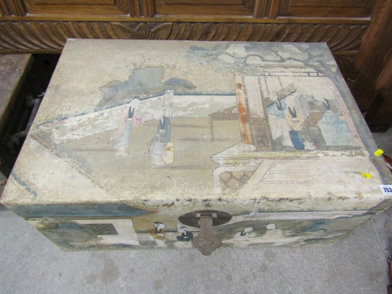 CHINOISERIE TRUNK, painted metal trunk decorated with Chinese garden scene, 31" width