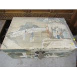 CHINOISERIE TRUNK, painted metal trunk decorated with Chinese garden scene, 31" width