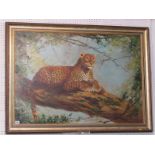 SILVIA DURAN, signed painting on canvas, "Leopard Resting on Tree Branch", 27.5" x 39"