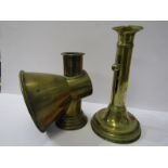 ANTIQUE LIGHTING, brass circular base projector candlestick with light shield.